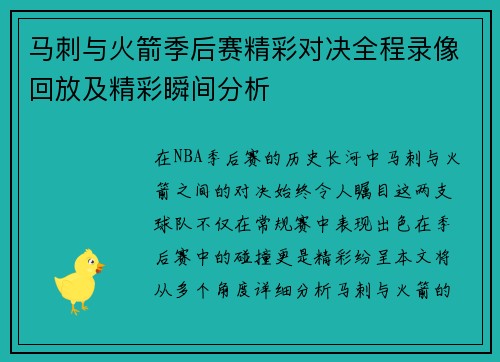 马刺与火箭季后赛精彩对决全程录像回放及精彩瞬间分析
